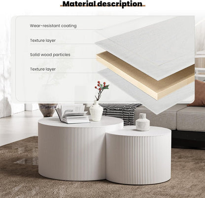 Round Nesting Coffee Table Set of 2 Handcraft Circle Fluted Nesting Coffee Tables Circular Side Table Drum Accent End Tables for Living Room Bedroom (White B Small)