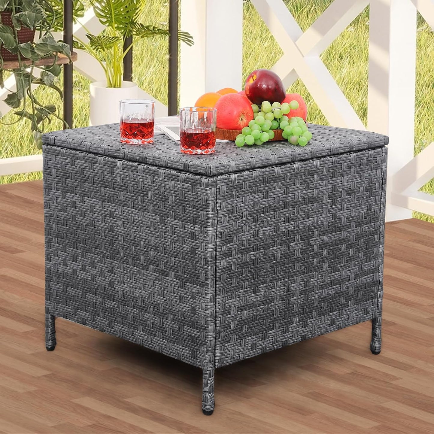 Outdoor Wicker Storage Side Table, Patio Grey PE Rattan End Table with Storage, Square Container for Furniture Covers, Toys, and Gardening Tools