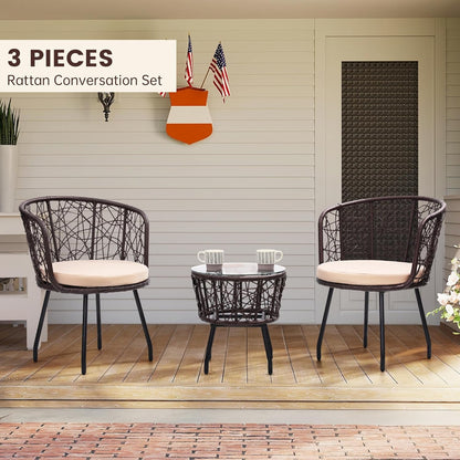 Kromax 3 Piece Bistro Set, Modern Outdoor Wicker Patio Furniture with Tempered Glass Table Top and 2 Chairs, Washable Cushions, Brown Rattan and Begie Cushion