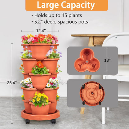 VECELO 5 Tier Vertical Garden Planter, Self Watering Stackable Planters with Wheels for Strawberries, Herbs, Flowers, Vegetables, Red