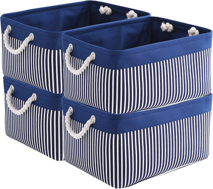 TcaFmac Storage Basket for Organizing - Large 4 Pack Foldable Storage Bins Baskets for Shelves with Ropes, Fabric Storage Cubes for Cloth Toy Gift Kids (Navy & White 16x12x8 inch)