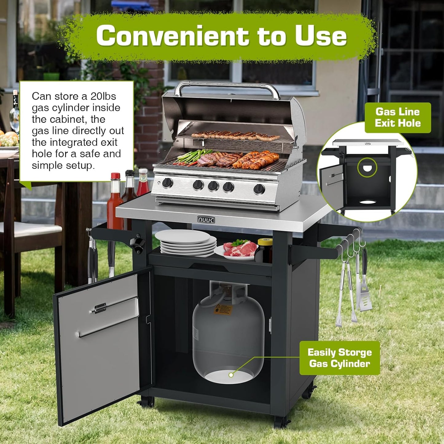 NUUK Grill Carts Outdoor with Enclosed Cabinet and Storage Drawer, Portable Patio Bar Cart with Wheels Stainless Steel Kitchen Storage Island 20" x 30" Rolling Prep Station for BBQ, Deck, Backyard