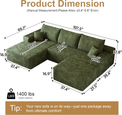 108" Sectional Couches for Living Room Modern Modular Sofa with L-Shape Couchs Upholstered Boneless Couch Deep Seat Sectional Couch with Chaise (Green, Left Facing Chaise+2Seaters+1Ottoman)