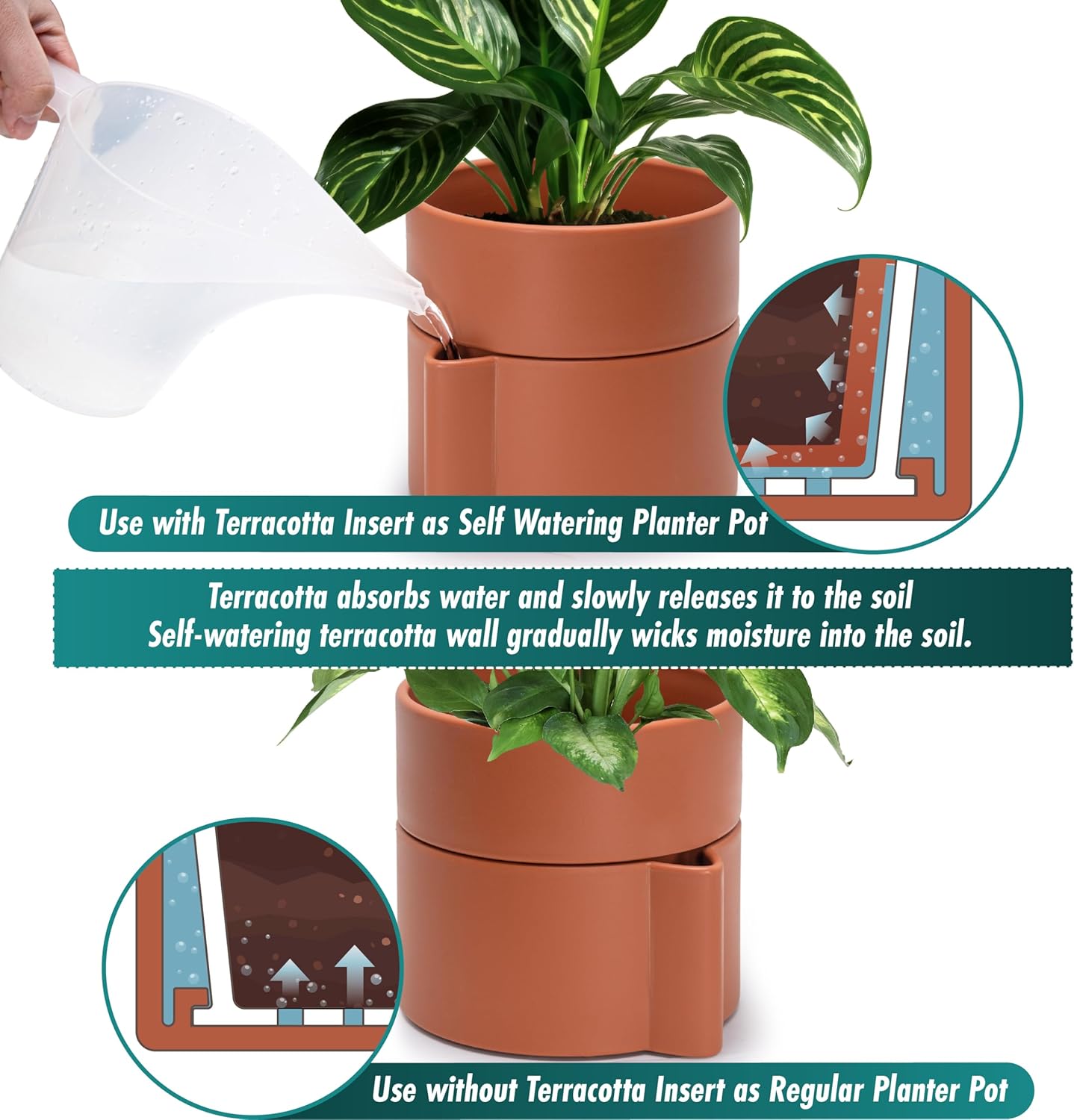 Phoenix Vine 6.5 Inch Self-Watering Planter Pot with Terracotta Insert, Deep Water Reservoir, and Ceramic-Alike BPA-Free Plastic Pot for Plant, Modern Planter for Houseplants, Terracotta, 53-A-S-3