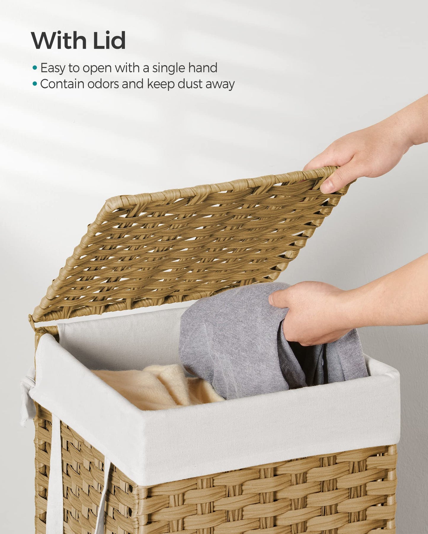 SONGMICS Laundry Hamper with Lid, 17.2 Gallon (65 L) Synthetic Rattan Clothes Laundry Basket with