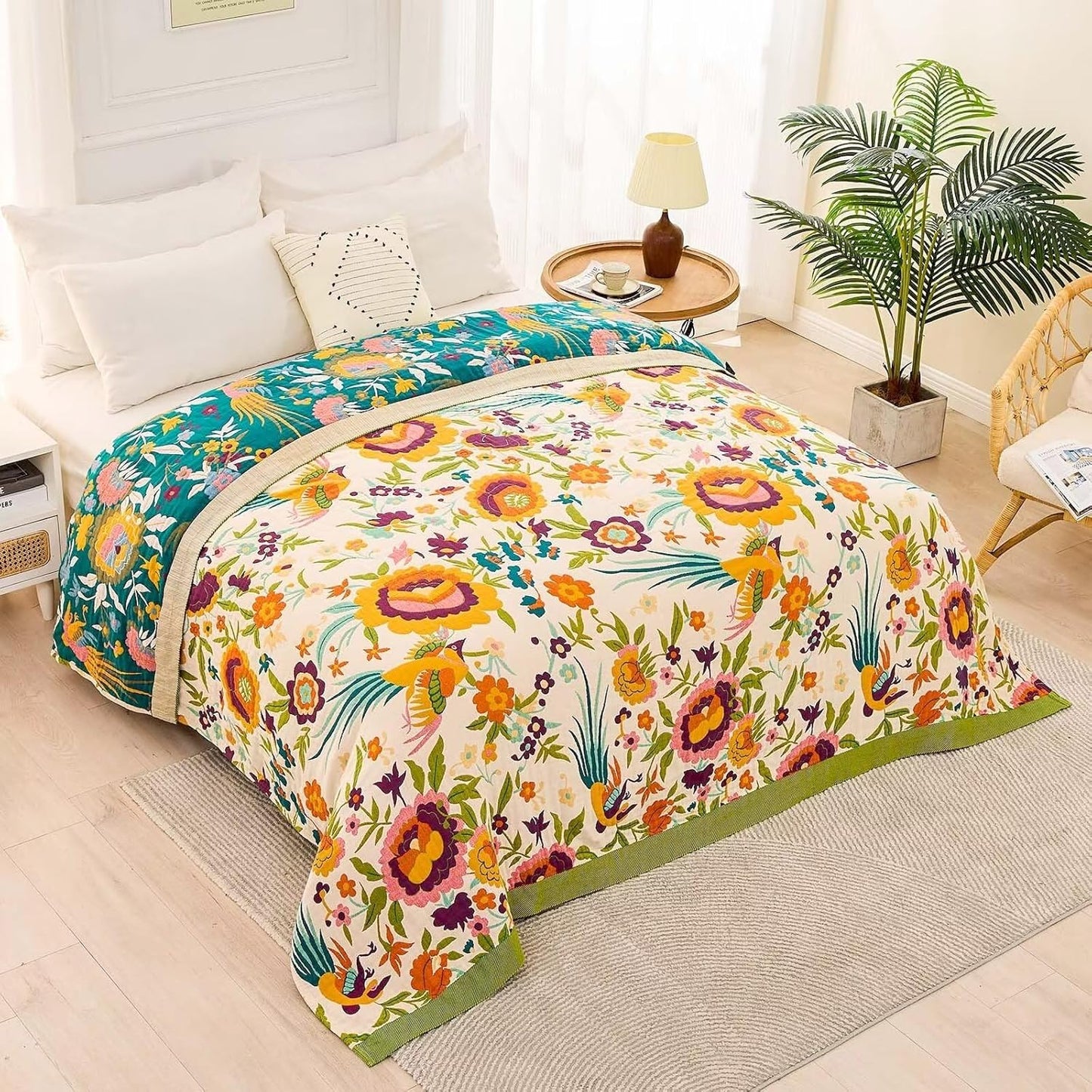 Boho Throw Blanket for Bed, 100% Cotton Soft Rustic Quilt Fall Blanket, 80" 90" Floral Printed Farmhouse Decor Bed Blankets, All Season Rustic Reversible Bohemian Throw Quilt