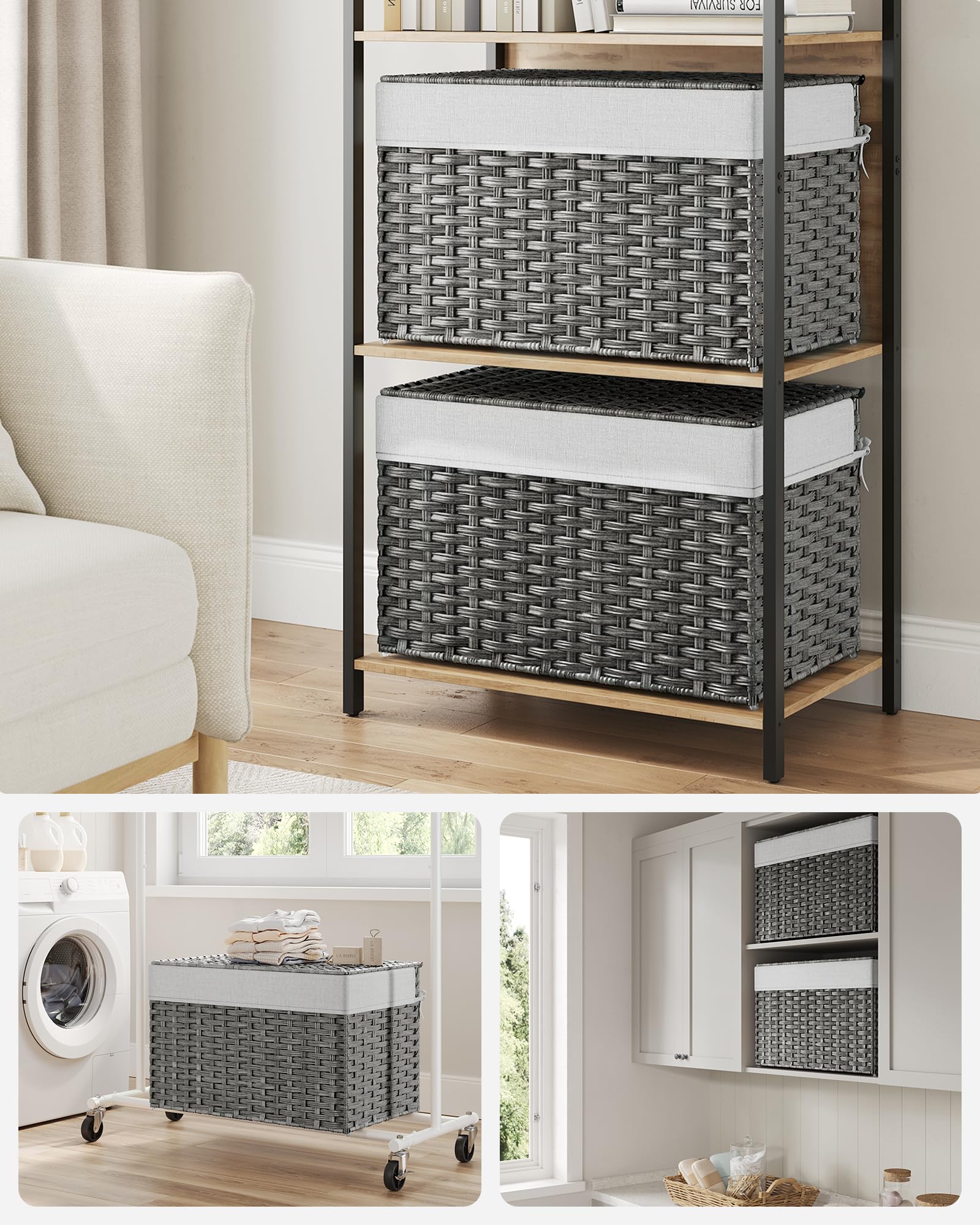 SONGMICS Storage Basket with Lid, Woven Blanket Storage Bin with Handles, Foldable, Removable