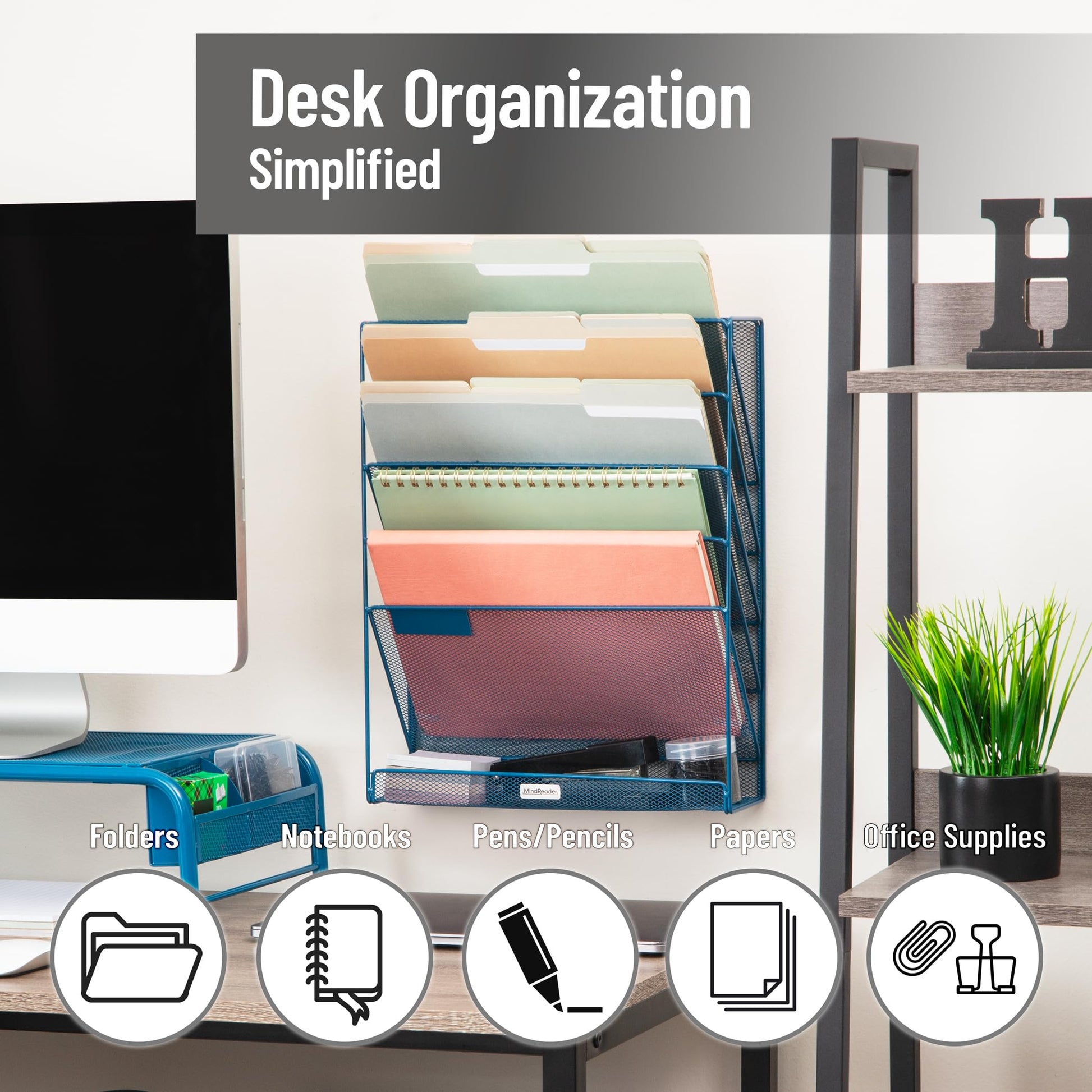 Mind Reader 5-Pocket Vertical File Storage, Desktop Organizer, Wall Mount, Office, Metal Mesh