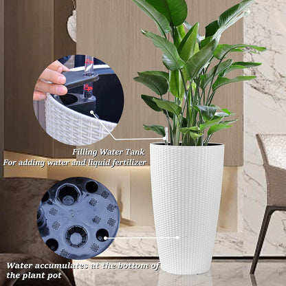 2Pack 22" High Modern Plant Pots Planter-Self-Watering Indoor/Outdoor Planting with Drain Holes, Water Level Monitor, Inner Bucket for Front Porch Patio, White Rattan Conical