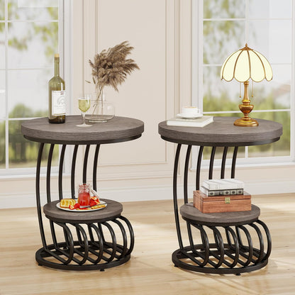 Tribesigns Round End Table: 2 Tiers Wood Side Table Set of 2 with Storage Shelf, Rustic Gray Bedside Nightstand, Accent Table for Living Room, Bedroom
