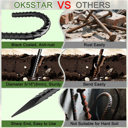 16" Ground Rebar Stakes Heavy Duty J Hook Ground Anchors, 5/16 inch Curved Steel Tent Stakes Anti Rust Steel Ground Stakes for Chain Link Wire Fencing, Pack of 40, Black