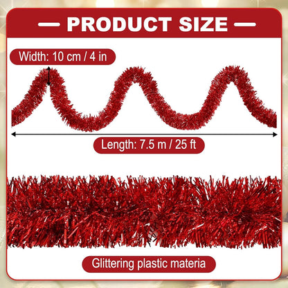 25 Feet Metallic Twist Tinsel Garland - Wall Hanging Backdrop for Parade Floats, Christmas Eve, New Year, Valentine's Day Parties (Red, 4in x 25ft)