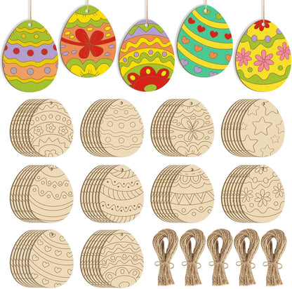 80PCS Wooden Easter Ornaments to Paint, 10 Styles DIY Blank Unfinished Wood Cutouts Ornament for Crafts Hanging Decorations, Egg Rabbit Bunny Butterfly Flower Happy Easter