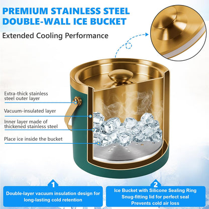 Ice Bucket, Green Ice Bucket 3L with Silicone Sealing Ring Double-Wall Vacuum Insulation Champagne Buckets with Filter Layer Ice Tongs Ice Scoop (Green, 3 L)