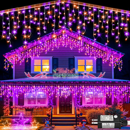 33ft Halloween Lights Outdoor, 400 LED Icicle Lights for Outside, Orange and Purple Twinkle Christmas Light with Connectable Clear Wire 8 Modes Timer Waterproof for House Party Tree Holiday Yard Decor