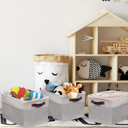 SIMPLE HOUSEWARE Large Fabric Storage Bin, 15" x 11" with Leather Like Handles, 3 Pack, Gray