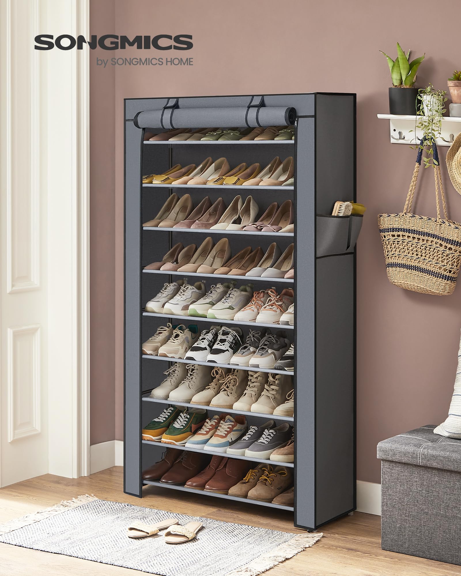 SONGMICS 10-Tier Shoe Rack, Shoe Storage Cabinet with Dustproof Cover, Free-Standing Shoe Storage