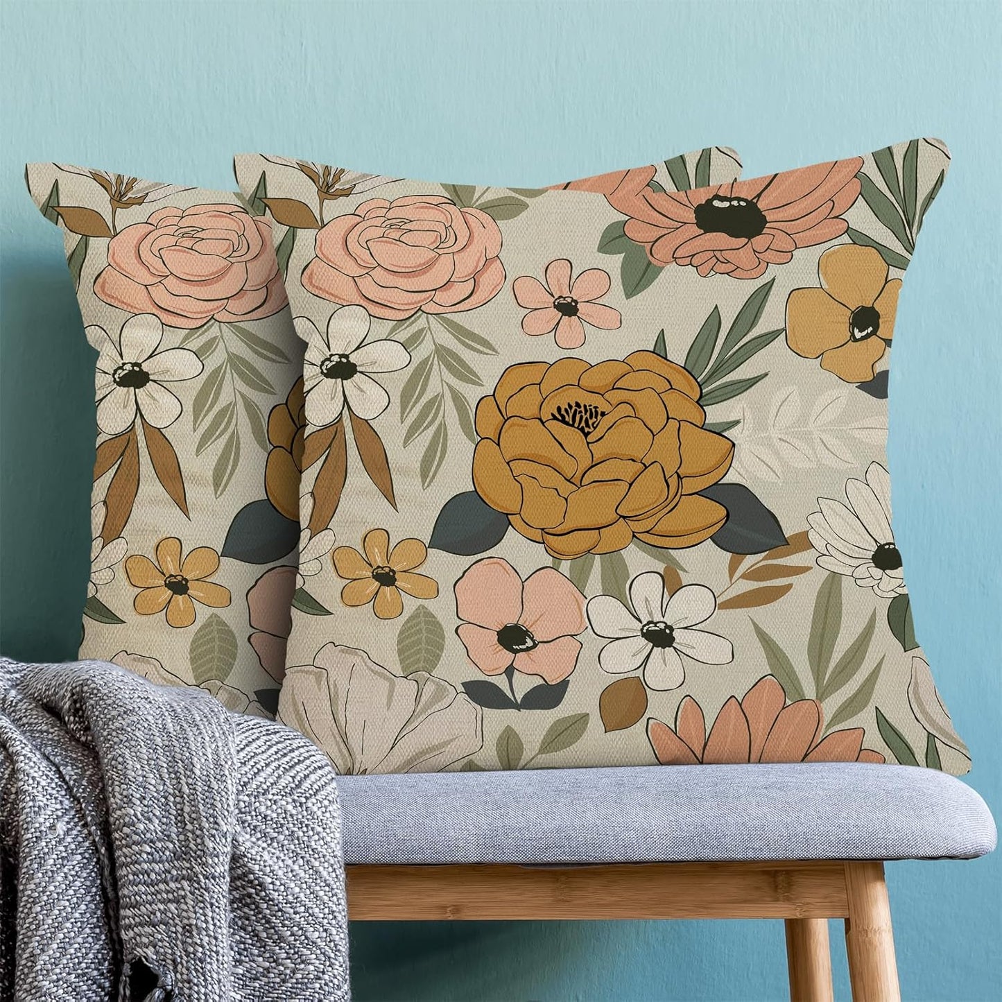 CXMEIFLY Spring Floral Pillow Covers 20 x 20 Inch Set of 2 for Vintage Mustard Yellow Pink Flowers Decor Throw Pillows Plant Cream Outdoor Decorative Cushion Cases for Couch Bed Decorations