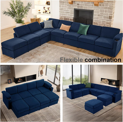 Modular Sectional Sofa Couch for Living Room Velvet Cloud Couches Oversized U Shaped Convertible Sleeper Sofa Chaise Detachable Armrest Cushion Cup Holder (Blue, 8 Seats)