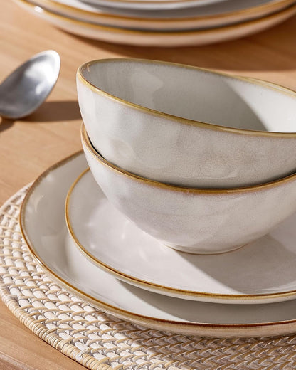 Famiware Dinnerware Sets for 8, Ocean Round 24-Piece Kitchen Plates and Bowls Sets, Reactive Glaze, Microwave and Dishwasher Safe, Scratch Resistant, Cappuccino White