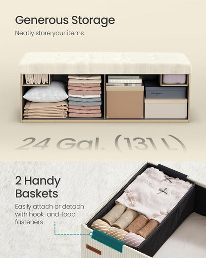 SONGMICS MAZIE Collection - Storage Ottoman Bench, Foldable Foot Rest, 15 x 43 x 15 Inches, End of Bed Bench, Storage Chest, Load 660 lb, Living Room, Bedroom, Entryway, Cream White ULSF604W01