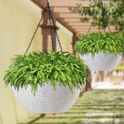 WOUSIWER 13 inch 2Pack Large Hanging Planters for Outdoor Indoor Plants with Drainage Holes and Chain, Round Hanging Flower Pots for Garden Home Porch Decor, White Speckles