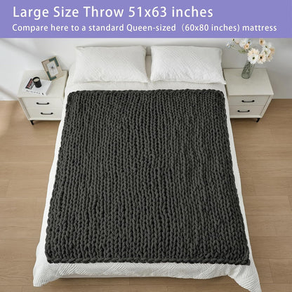 Bigacogo Chunky Knit Throw Blanket for Couch, 51x63 inches, 100% Hand Knitted with Thick Jumbo Chenille Yarn, Cozy Soft Large Rope Knot Cable Crochet Blankets for Sofa Bed Living Room, Dark Grey