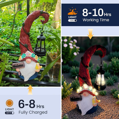 Solar Outdoor Figurine Lights Gnome Garden Decor Statue with LED Flowers & Lantern, Glowing Fairy Yard Decorations for Outside Patio Yard Front Porch, Housewarming Home Decor Gifts Thanksgiving