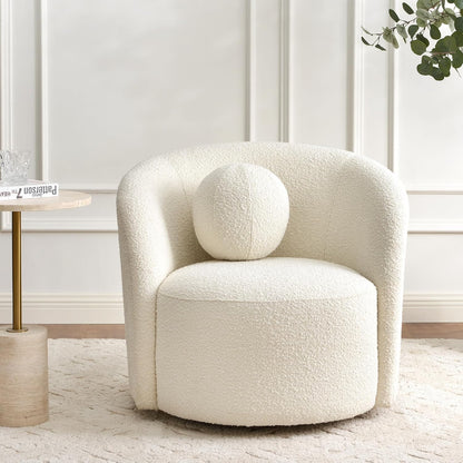 KINWELL Sherpa Swivel Barrel Chair & Round Ball Pillow Set - 34" Wide Modern Boucle Accent Chair with 9” Matching Nordic Decorative Throw Pillow for Living Room and Bedroom(Cream)