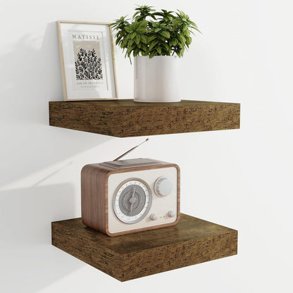 Marsmiles 6.7" Floating Shelves for Wall, Wooden Shelves with Invisible Brackets Set of 2, Rustic Farmhouse Wall Mounted Shelf for Kitchen Bathroom Living Room Study, Rustic Brown