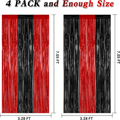 4 Pack Halloween Wall Backdrop, 3.28 FT x 7.05 FT Red and Black Party Streamer, Metallic Tinsel Curtains Fringe Backdrop Foil Streamer, Halloween Hanging Decor Casino Theme Party Decorations
