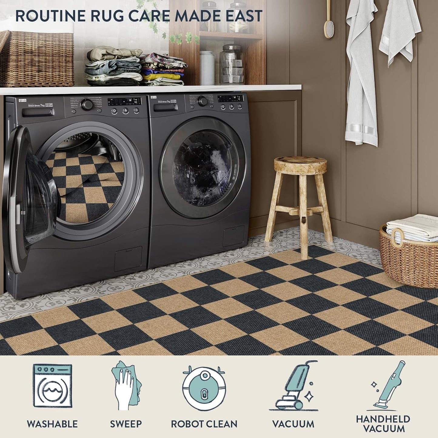 Lahome Checkered 4 ft Easy Jute Round Rug, Washable Small Rugs for Entryway Patio, Farmhouse Non Slip Non Shedding Indoor Outdoor Circle Carpet for Kitchen Porch