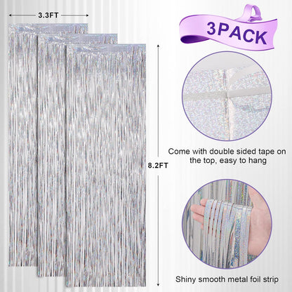 3 Pack 3.3x8.2 Feet Laser Silver Foil Fringe Backdrop Curtains, Tinsel Streamers Birthday Party Decorations, Fringe Backdrop for Graduation, Baby Shower, Gender Reveal, Disco Party