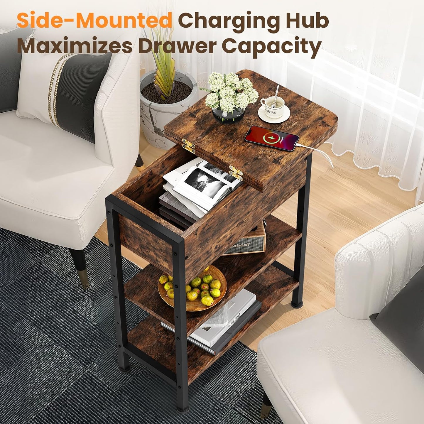 End Table with Charging Station, Flip Top Side Table with USB Ports and Outlets, 3-Tier Small Side Table with Storage for Small Space, End Tables for Living Room/Bedroom, Brown