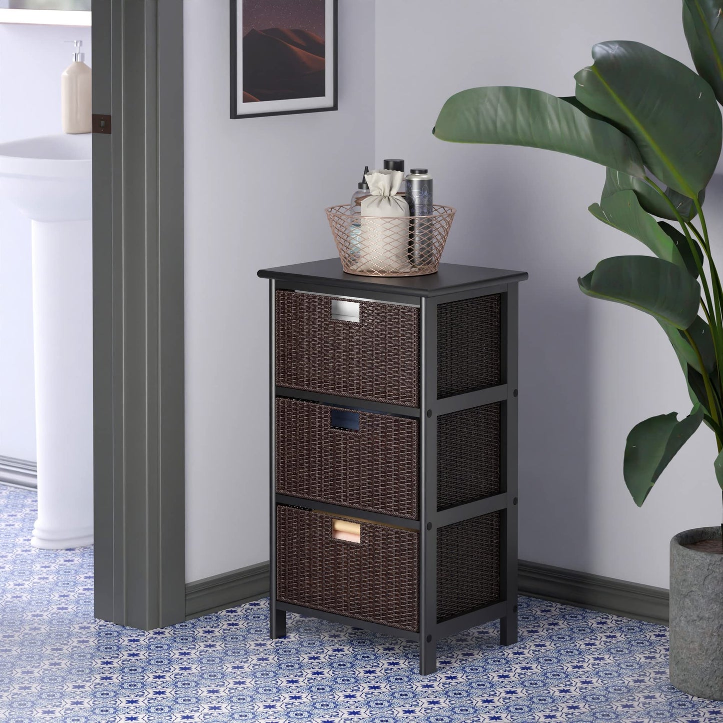 Winsome Omaha Home Storage Rack with 3 Baskets, Stackable Storage Bins for Home Organizing