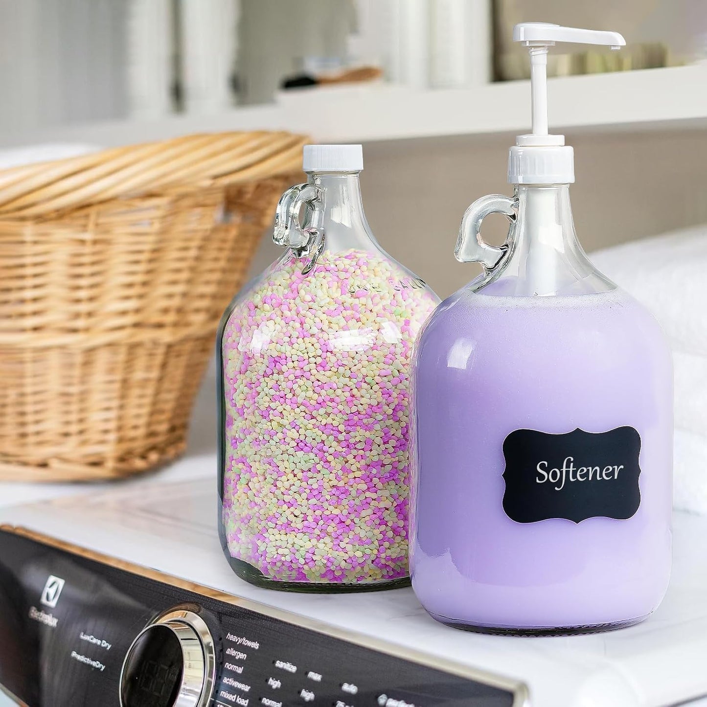 2 Pack Gallon Glass Pump Bottle Dispensers with 3 Pumps and 2 Airtight Lids, Laundry Soap Dispensers with 1 Funnel, Liquid Laundry Detergent Dispensers for Fabric Softener, Shampoo, Body Wash