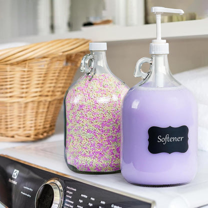 2 Pack Gallon Glass Pump Bottle Dispensers with 3 Pumps and 2 Airtight Lids, Laundry Soap Dispensers with 1 Funnel, Liquid Laundry Detergent Dispensers for Fabric Softener, Shampoo, Body Wash