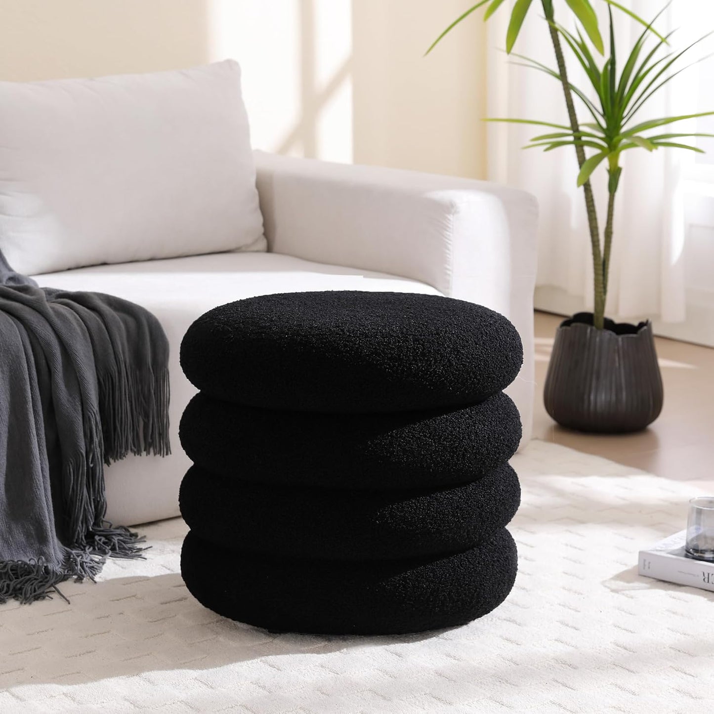 ONEVOG Sherpa Storage Ottoman, Foot Rest Stool Seat for Living Room, Black Vanity Foot Pouf, Tufted Footstool with Removable Lid for Dorm, Bedroom