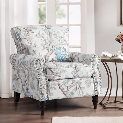 Wingback Accent Chair with Removable Pillow, High Back Floral Armchair with Solid Wood Legs & Nailhead Trim, Comfy Upholstered Reading Single Sofa Chair for Bedroom (1, Bird Floral Pattern)