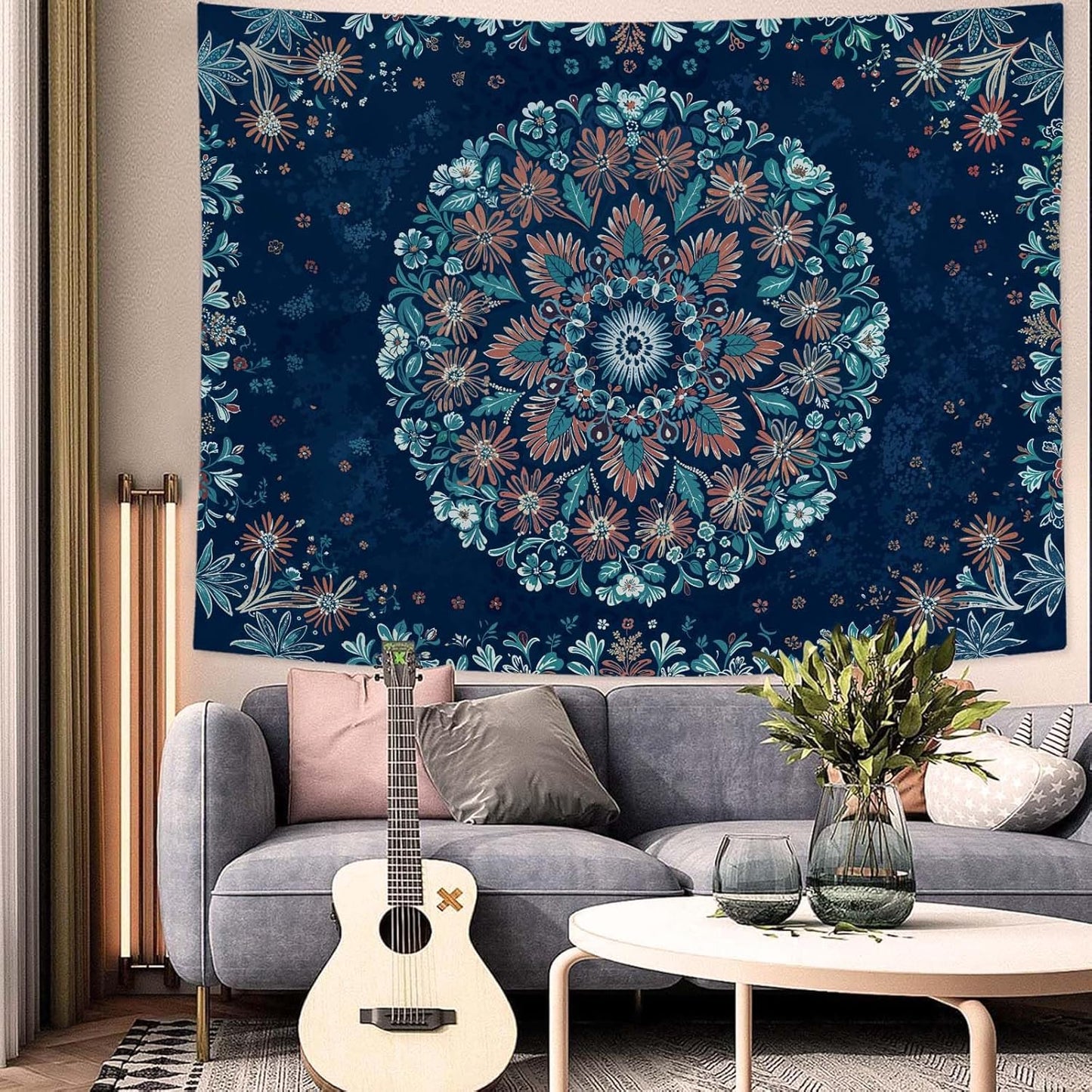Fowocu Boho Floral Mandala Tapestry Wall Hanging Blue Bohemian Flower Medallion Tapestry Aesthetic Vintage Navy Hippie Indian Small Tapestries for Bedroom Living Room Dorm Decor 48 x 36 Inch