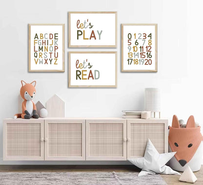 4 Pcs Boho Playroom Canvas Wall Art Nursery Toddler Educational Let's Read Let's Play Painting Pictures Wall Decor Posters Print Artwork for Girl Boy Childs Room Classroom Home Decoration Unframed