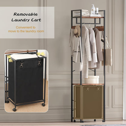 Coat Rack with Laundry Basket, Laundry Hamper Freestanding Hall Tree, Clothes Rack with Storage Shelves, 14.5 Gal Removable Bags on Wheels, Black and Brown JLH005SR