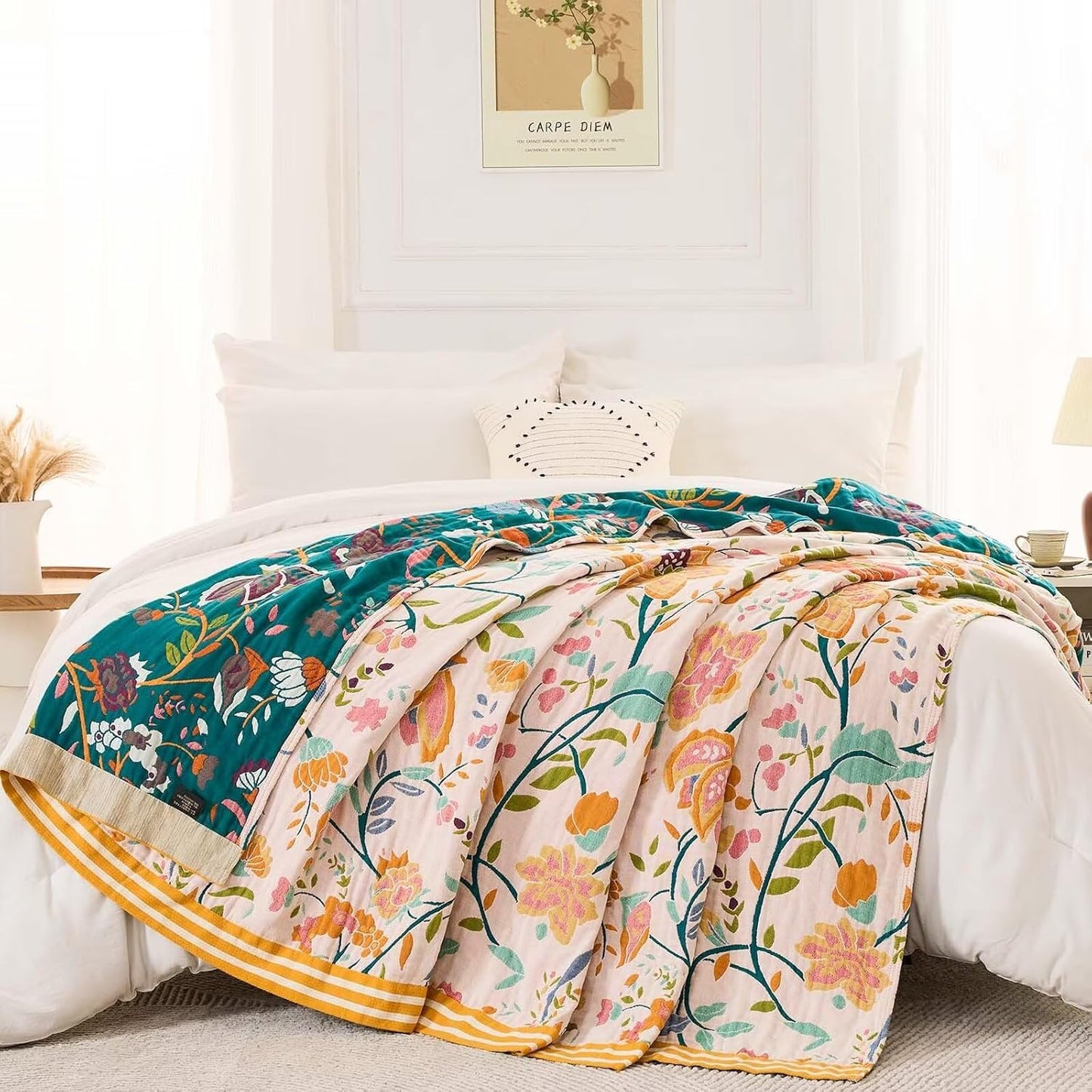 Boho Throw Blanket for Bed, 100% Cotton Soft Rustic Quilt Fall Blanket, 50"x60" Yellow Floral Printed Farmhouse Decor Bed Blankets, All Season Rustic Reversible Bohemian Throw Quilt