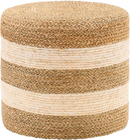 Handwoven Ottoman Pouf, Natural Seagrass Footstool, Round Braided Outdoor Seat with Sturdy Frame, Boho Accent Stool for Patio, Balcony, or Garden (Seagrass White)