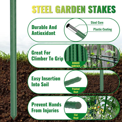Premium Garden Stakes 58 Inch 5ft 25 Pack, Heavy Duty Tomato Plant Stakes for Outdoor Plants, Rust Resistant Metal Garden Poles and Sticks for Vegetables, Flowers, and Climbing Plants (green, 58 Inch)
