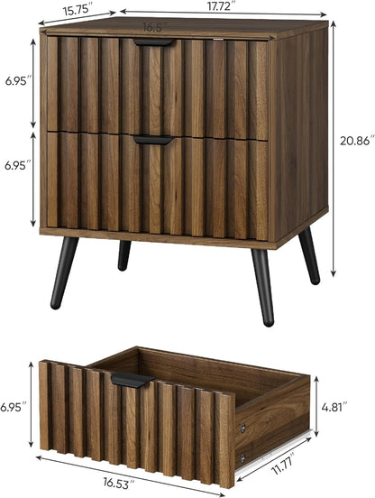 Smuxee Walnut Wooden Night Stand, Mid Century Nightstand with 2 Fluted Drawers, Bedside Table with Metal Feet, Modern End Side Table for Bedroom