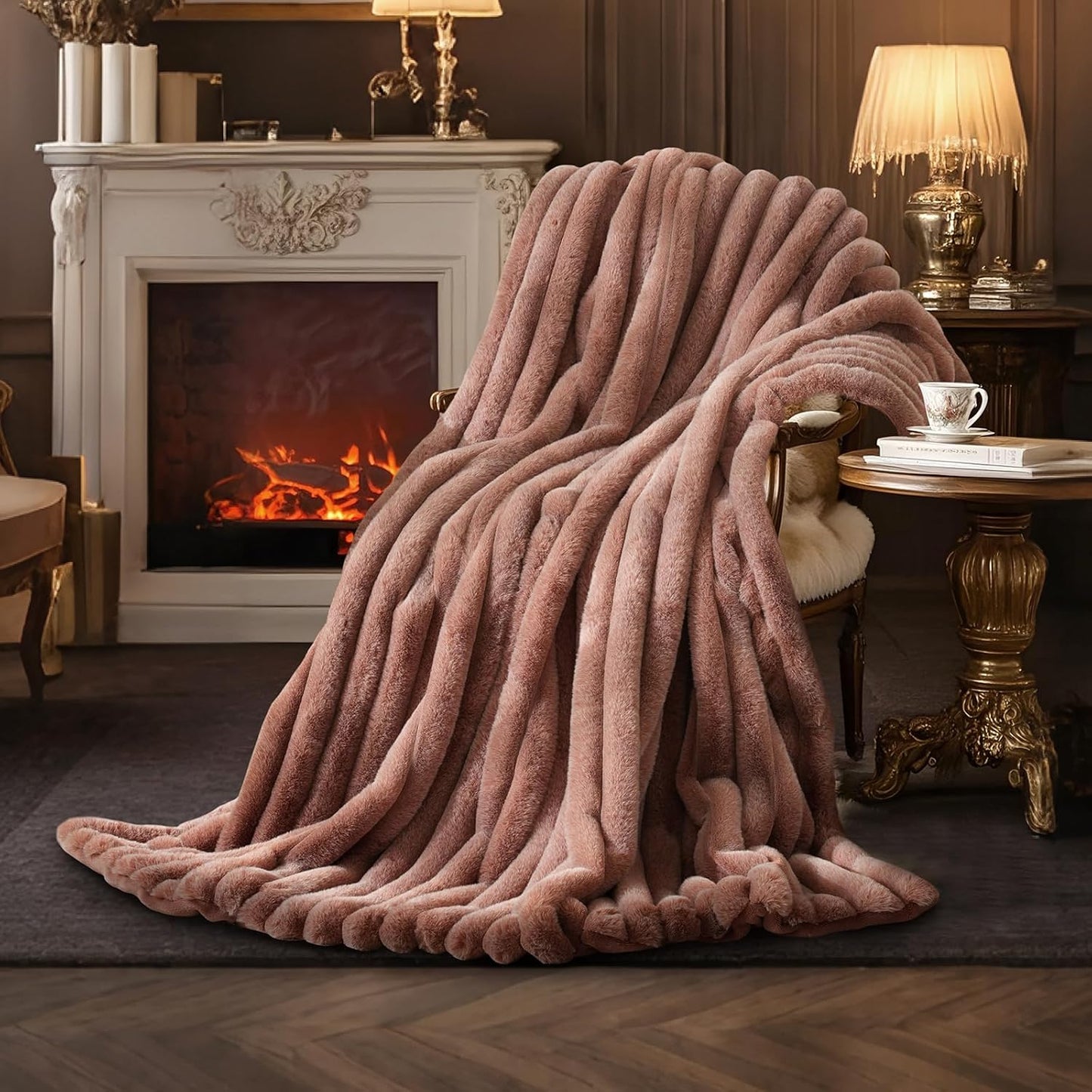 Amélie Home Faux Fur Throw Blanket for Couch, Ultra Cozy Fuzzy Fluffy Fur Luxurious Soft Striped Plush Gift Blankets for Family Sofa Chair Bed Living Room Bedroom, 55"x70", Ionic Fox Brown