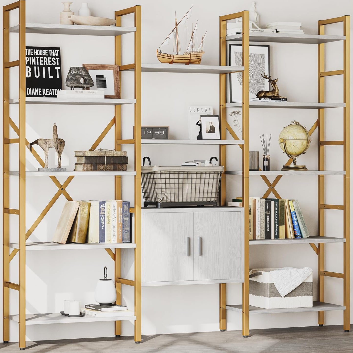 Triple 5 Tier Bookshelf, Industrial Large Bookcase with Storage Cabinet, Tall Gold Bookshelf with 14 Open Display Shelves Metal Frame Furniture for Living Room Bedroom Home Office Gold & White