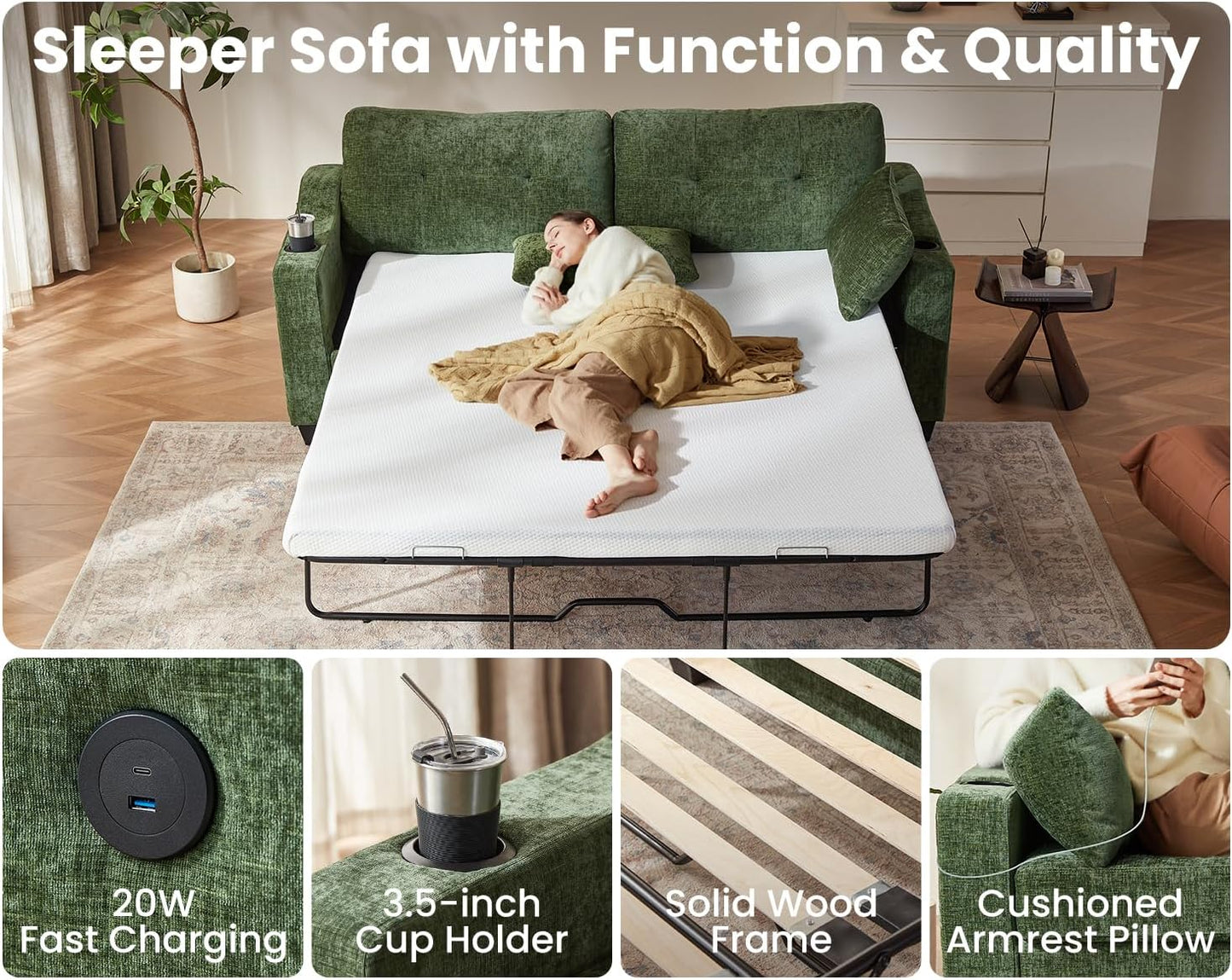 CHIC HOUSE Pull Out Sofa Bed, Full Size Sleeper Sofa, 2-in-1 Convertible Corduroy Couch with USB Charging, Memory Form Couch for Living Room, Apartment and Small Space (Green, Chenille - Queen Size)