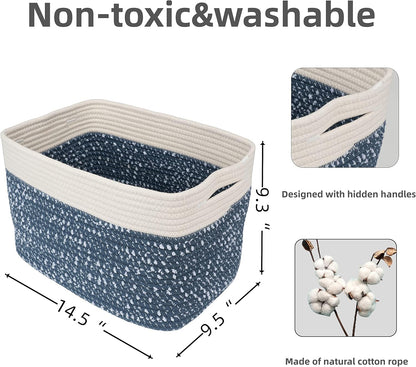 White and Blue Cotton Rope storage Basket Bins Woven Basket for Organizing Shelves 14.5X9.5X9.3“ Rectangle Decorative Baskets For storage Books Towels Wicker Nursery basket organizer Set of 3